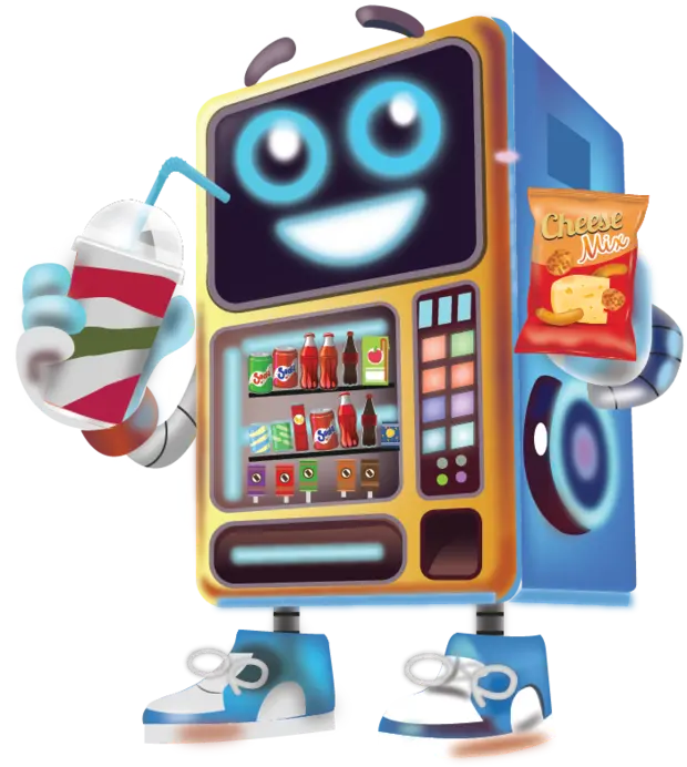 Mascota de Paseo Vending: una máquina expendedora sonriente con un refresco y unas papas